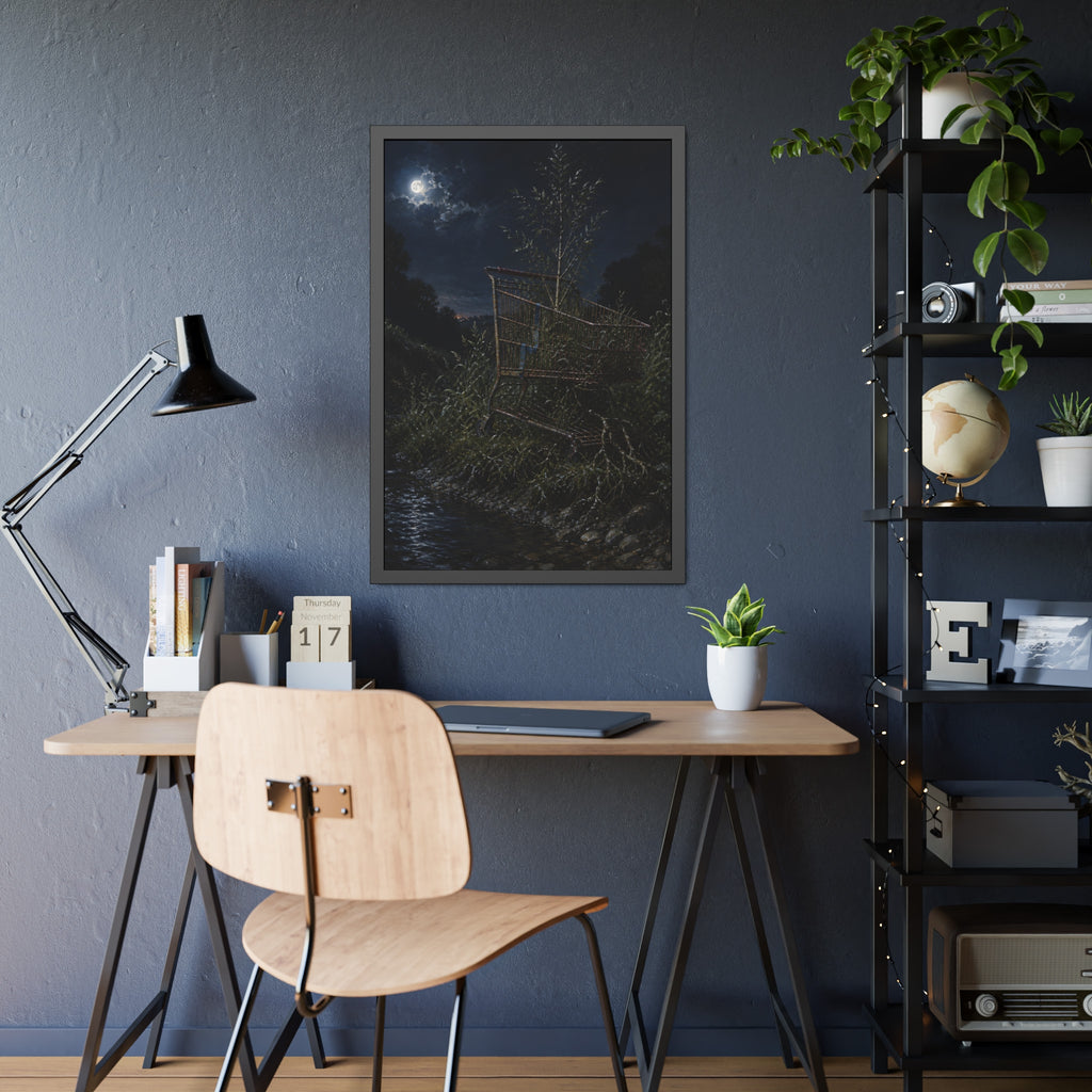 A shopping cart in creekside weeds with a sapling growing up through it. The Cart Grown Through by Garabaggio, framed fine art print hanging in a room.