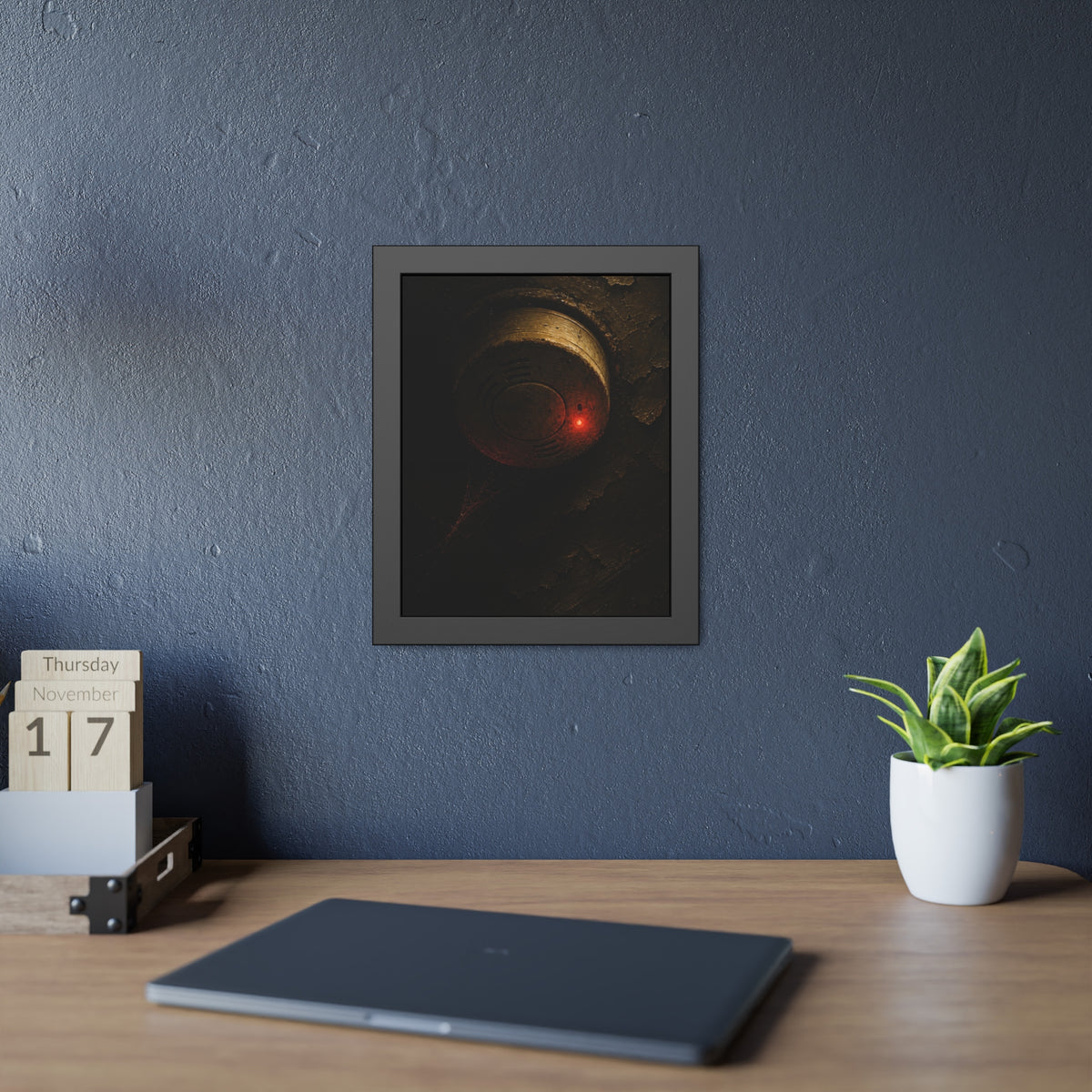A dusty smoke detector on a peeling ceiling with its red light on. The First Red Blink by Garabaggio, framed fine art print hanging in a room.