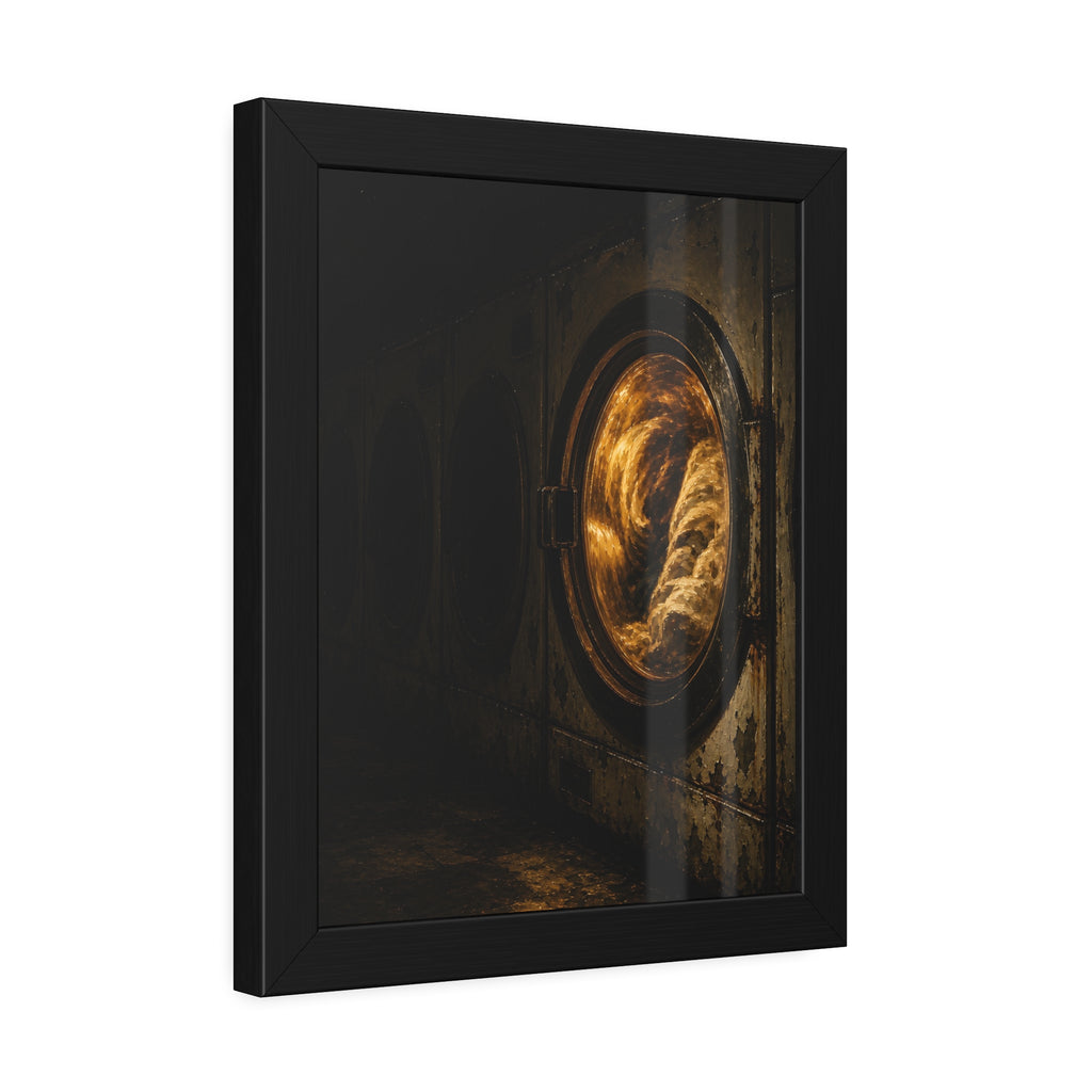 A row of dryers with one drum lit and tumbling in a dark laundromat. The Last Dryer Turning by Garabaggio, framed fine art print hanging in a room.