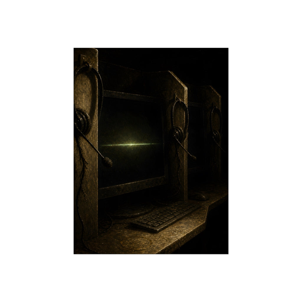 Dark cubicle monitors and a headset, one screen holding a thin green line. Power Down by Rows by Garabaggio, fine art print, 12″ x 16″.