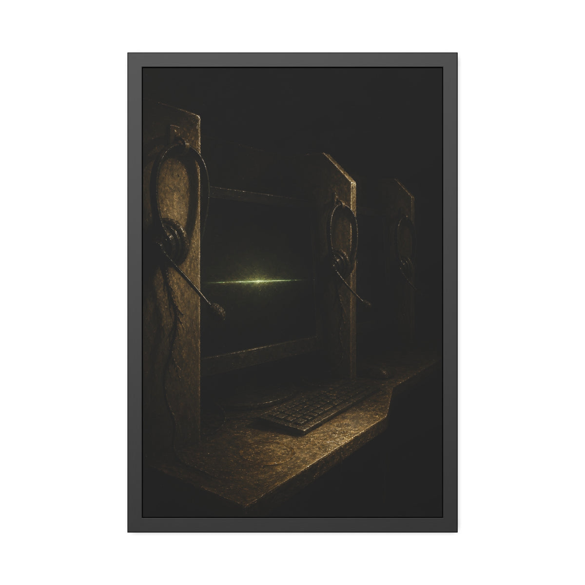 Dark cubicle monitors and a headset, one screen holding a thin green line. Power Down by Rows by Garabaggio, framed fine art print, 24″ x 36″.