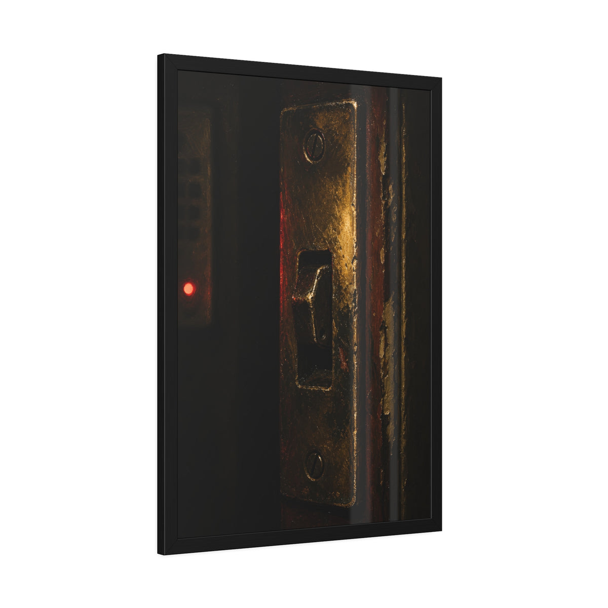 A brass door latch beside an intercom with a small red light. The Door Does Not Release by Garabaggio, framed fine art print hanging in a room.