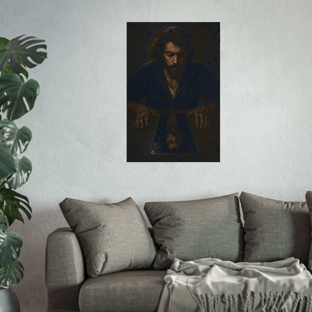 A bearded man in coveralls looking down at his face in a cracked screen. The Mirror After Midnight by Garabaggio, fine art print hanging in a room.