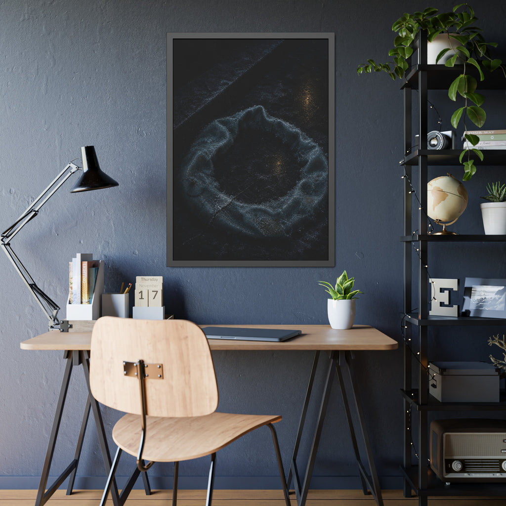 A deflated ring float collapsed on wet pavement under distant amber light. The Freezing of the Smile by Garabaggio, framed fine art print hanging in a room.