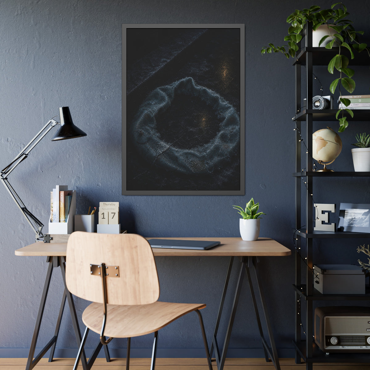 A deflated ring float collapsed on wet pavement under distant amber light. The Freezing of the Smile by Garabaggio, framed fine art print hanging in a room.