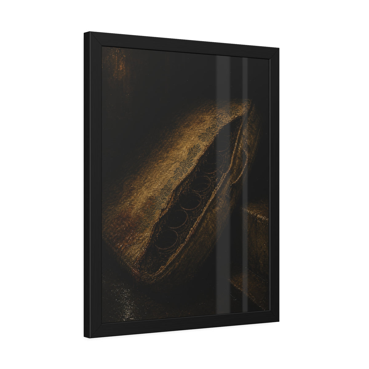 A torn mattress propped on its side, coil springs showing through the split. The Showing of the Springs by Garabaggio, framed fine art print hanging in a room.