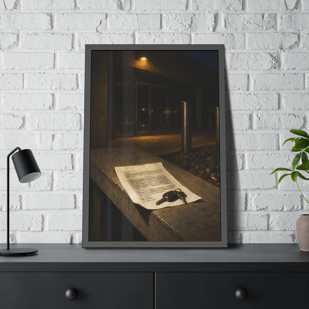 A printed page and car keys on a concrete ledge outside an office at night. The Last Email, Printed by Garabaggio, framed fine art print hanging in a room.