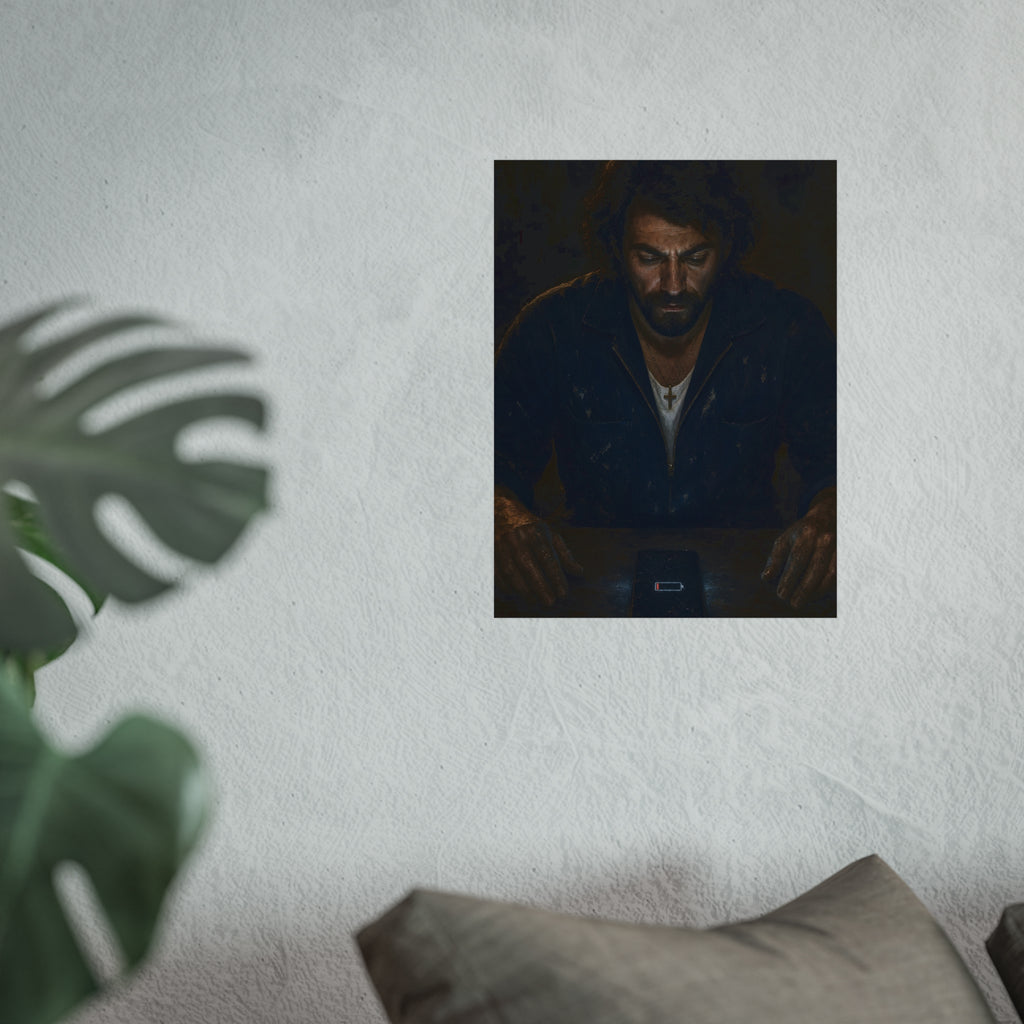 A man in a work jacket looks down at a phone showing a red low battery icon. The Calling at One Percent by Garabaggio, fine art print hanging in a room.
