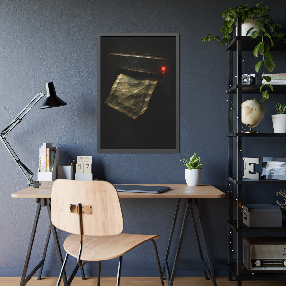 A worn bill pushed back out of a machine slot beside a red light. The Change Machine's Refusal by Garabaggio, framed fine art print hanging in a room.