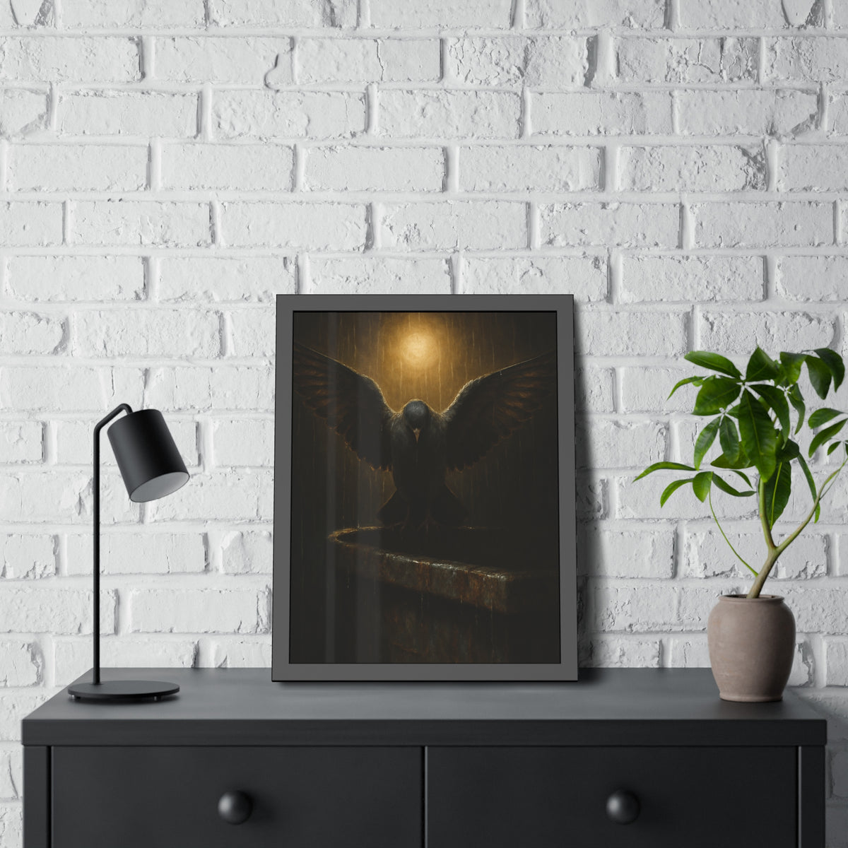 A pigeon with wings spread on a dumpster rim under a lamp in the rain. The Passion (Study in Rain) by Garabaggio, framed fine art print hanging in a room.