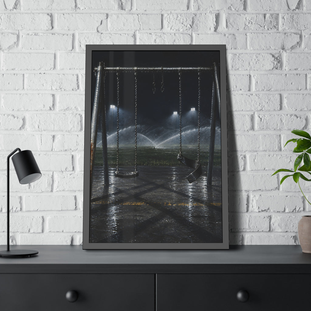 An empty swing set on wet asphalt, sprinklers arcing over the field. The Eleventh Hour: The Sprinklers by Garabaggio, framed fine art print hanging in a room.