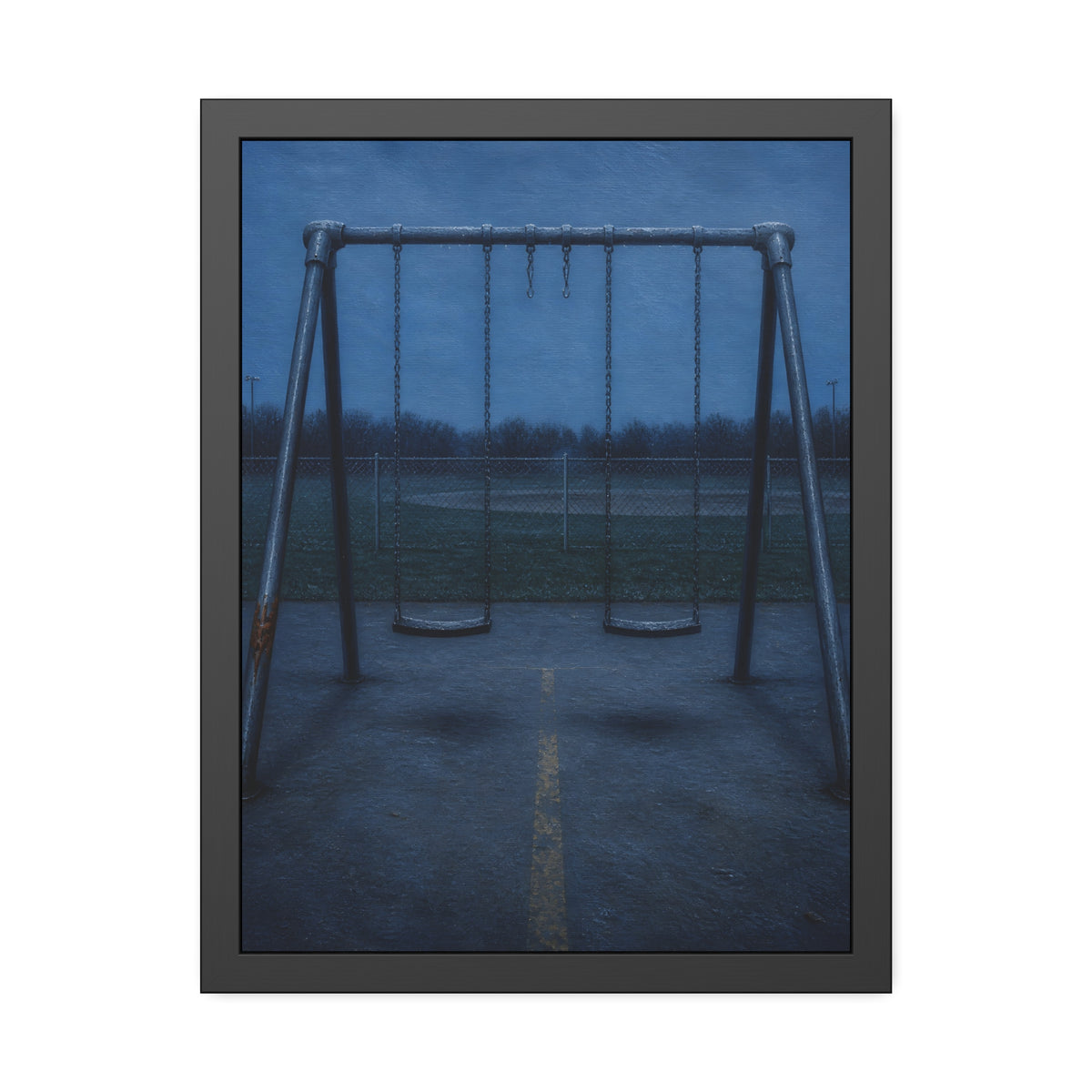 A swing set at dusk with two seats hanging straight. The Sixth Hour: The Seat Hanging Straight by Garabaggio, framed fine art print, 18″ x 24″.