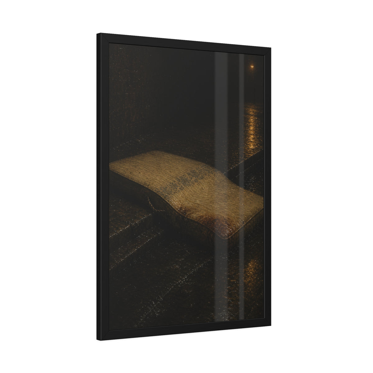 A sodden mattress slumped off a curb on wet pavement under a street lamp. The Collapse into the Gutter by Garabaggio, framed fine art print hanging in a room.