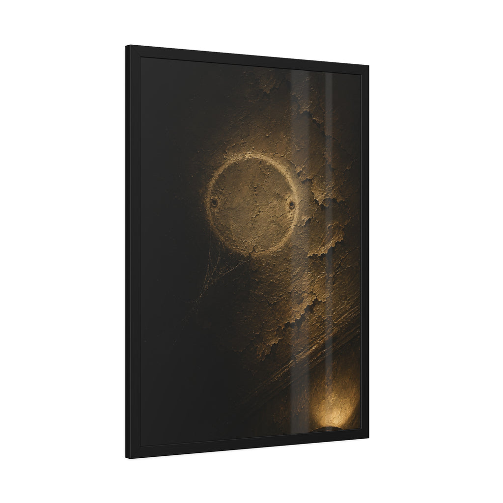 A pale ring and two screw holes on a peeling ceiling where a detector was. The Circle on the Ceiling by Garabaggio, framed fine art print hanging in a room.