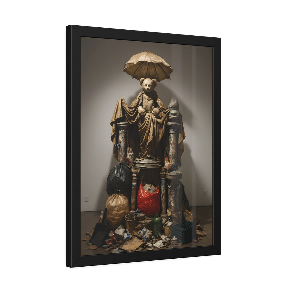 A teddy bear figure under an umbrella atop a pile of trash bags. Madonna of the Lost and Found by Garabaggio, framed fine art print hanging in a room.