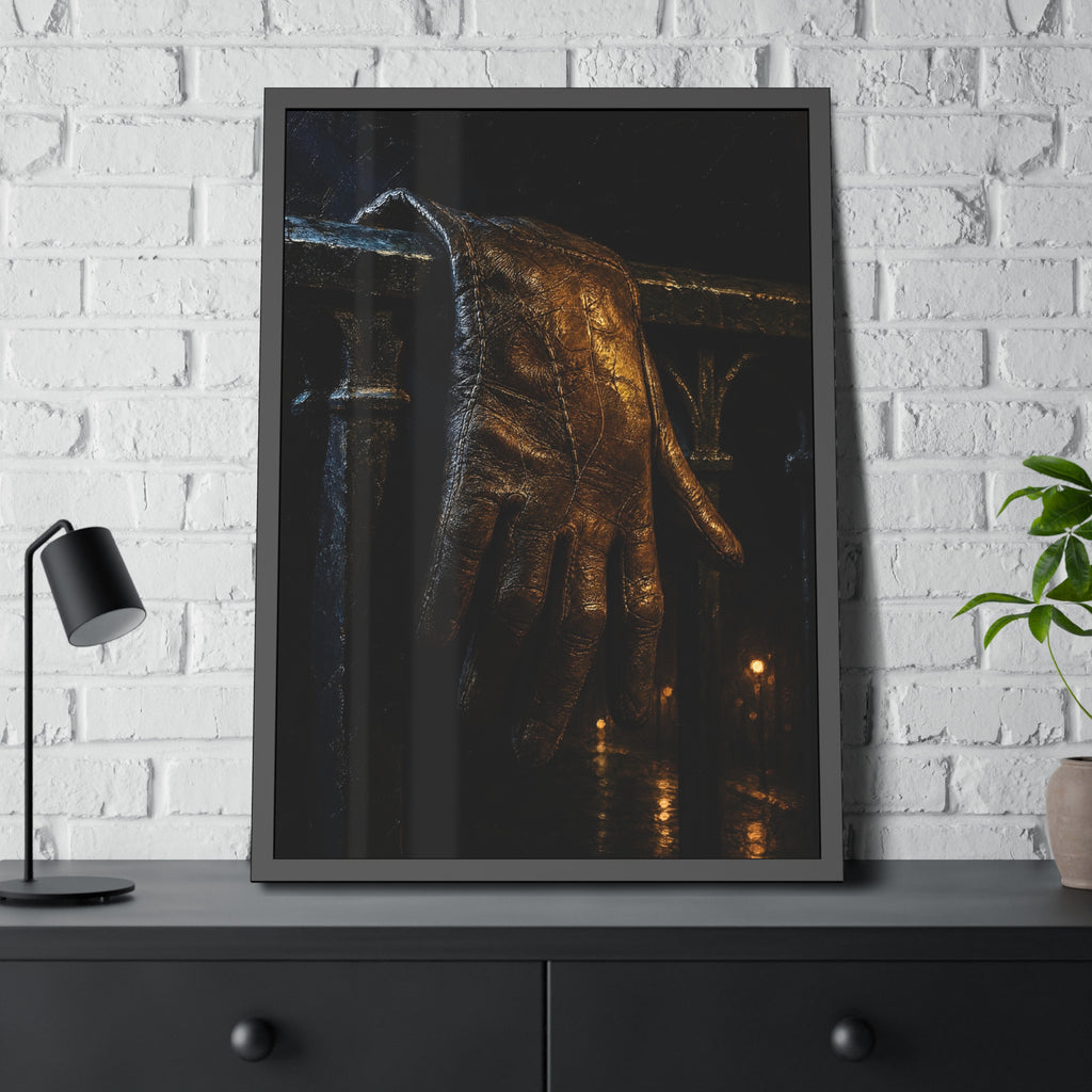 A leather glove draped over an iron railing, fingers hanging. The Repose of the Leather Glove, No. 1 by Garabaggio, framed fine art print hanging in a room.