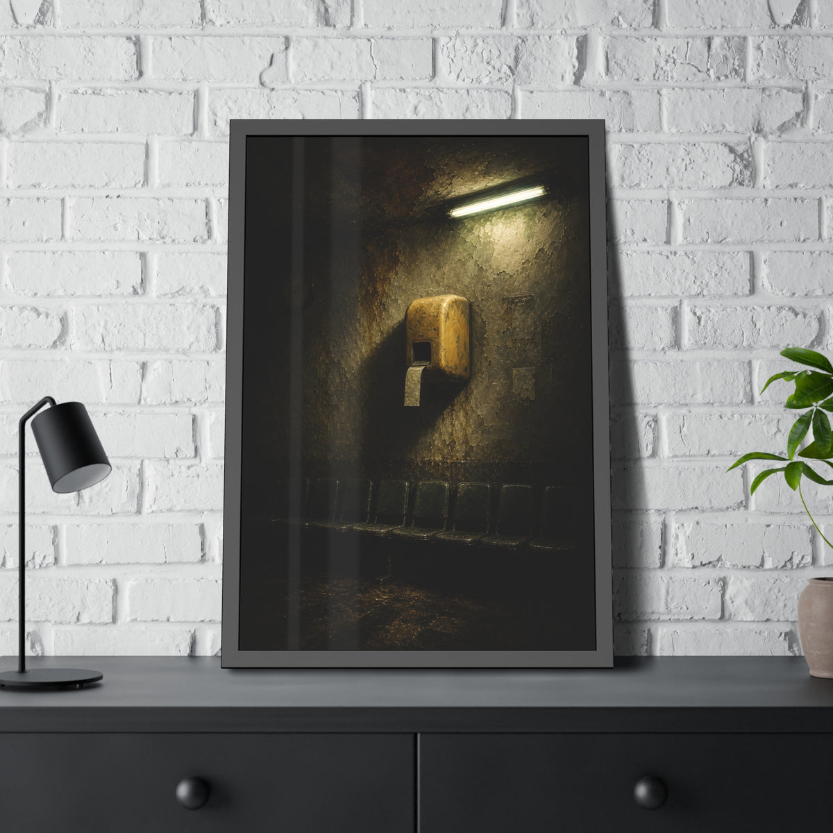 Yellow ticket dispenser on a stained wall above empty seats. Before the First Name by Garabaggio, framed fine art print hanging in a room.