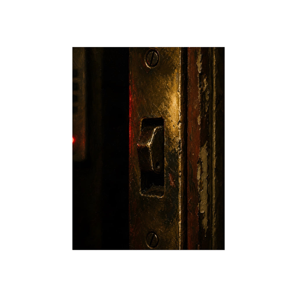 A brass door latch beside an intercom with a small red light. The Door Does Not Release by Garabaggio, fine art print, 12″ x 16″.