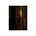 A brass door latch beside an intercom with a small red light. The Door Does Not Release by Garabaggio, fine art print, 12″ x 16″.