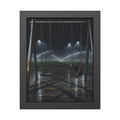 An empty swing set on wet asphalt, sprinklers arcing over the field. The Eleventh Hour: The Sprinklers by Garabaggio, framed fine art print, 11″ x 14″.