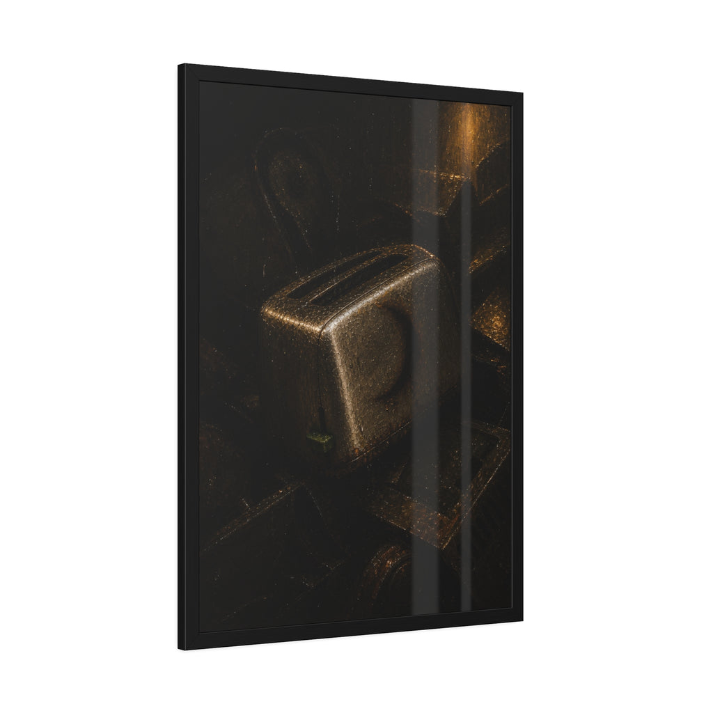 A scorched toaster resting on a heap of scrap appliances in dim light. The Arrival at Scrap by Garabaggio, framed fine art print hanging in a room.