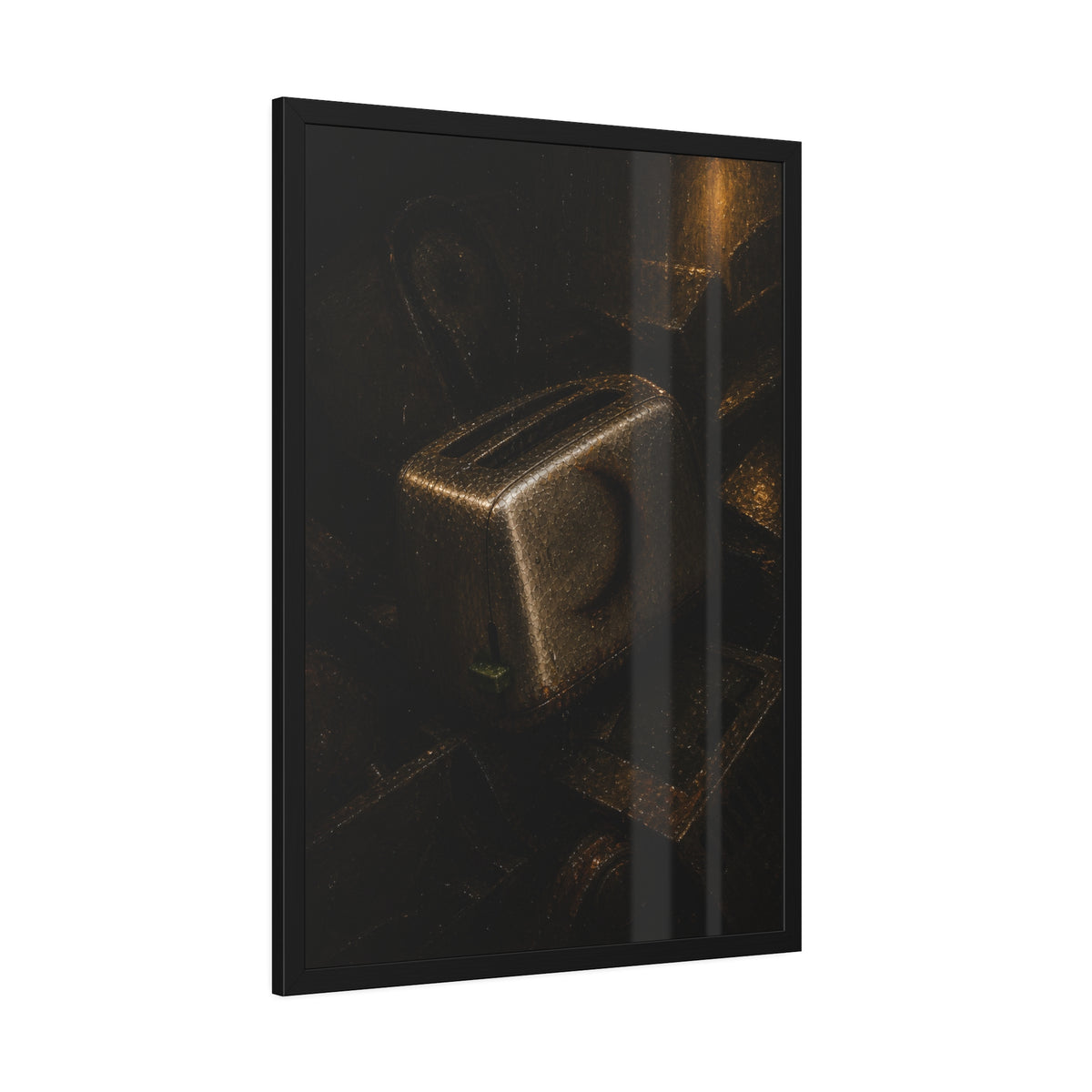 A scorched toaster resting on a heap of scrap appliances in dim light. The Arrival at Scrap by Garabaggio, framed fine art print hanging in a room.