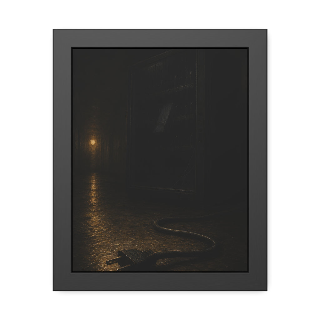 A dark vending machine with its unplugged cord lying on a wet corridor floor. The Unplugging by Garabaggio, framed fine art print, 11″ x 14″.