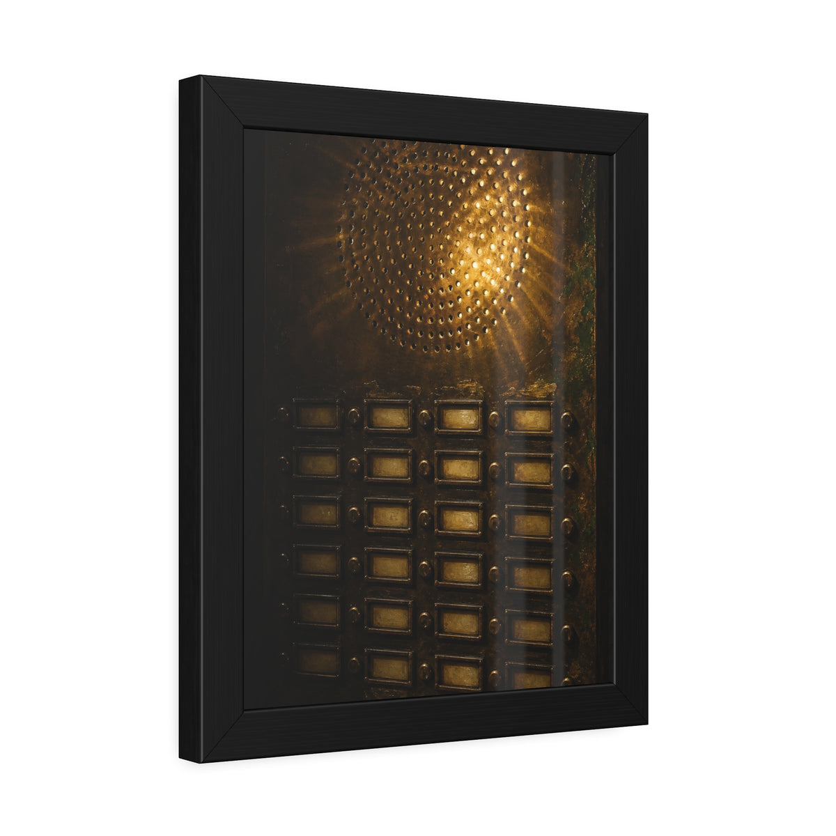 Light glowing through an intercom speaker grille above rows of buttons. Voice Through Perforations by Garabaggio, framed fine art print hanging in a room.