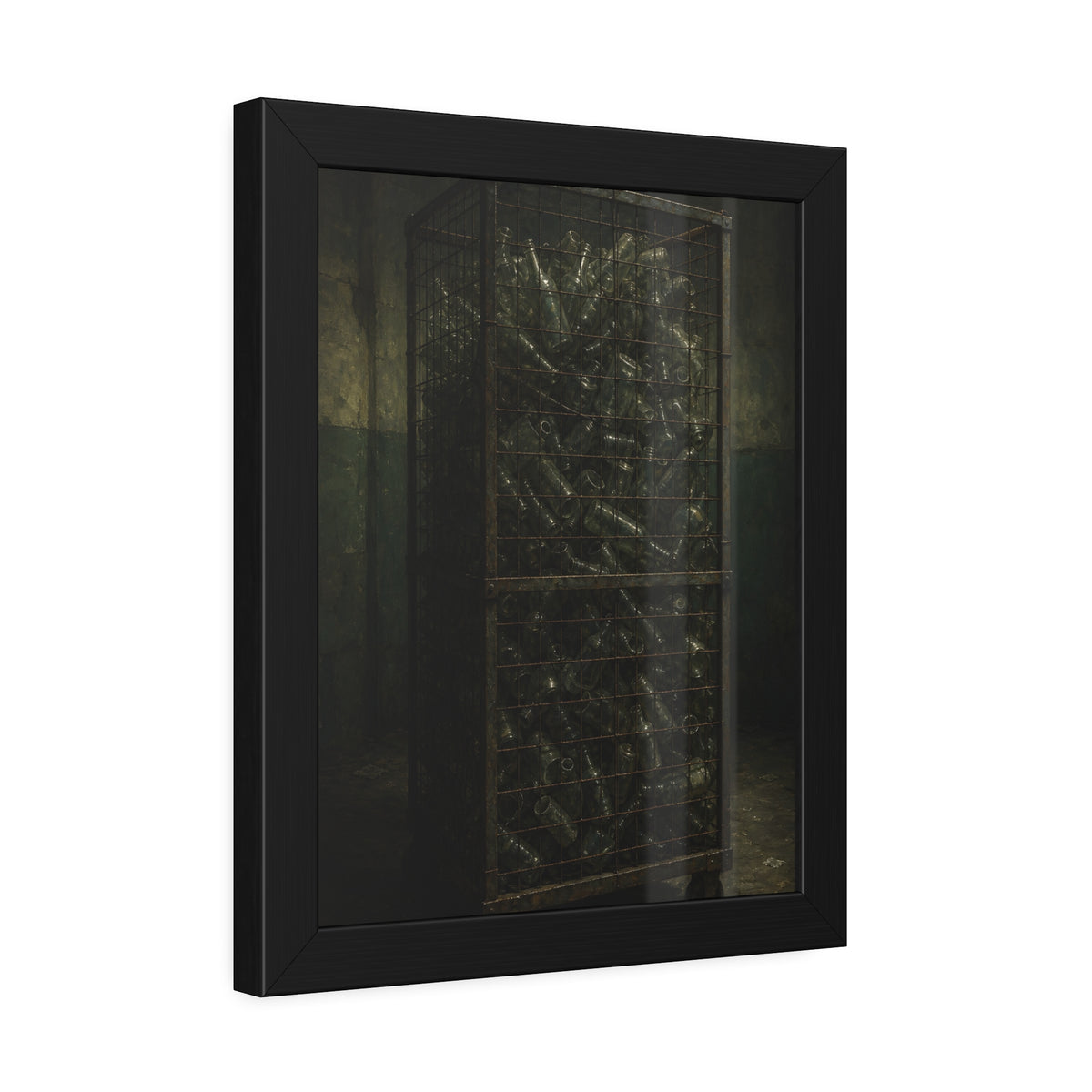 A tall wire cage cart packed with clear bottles in a dim concrete room. The Cage of Clear Glass by Garabaggio, framed fine art print hanging in a room.