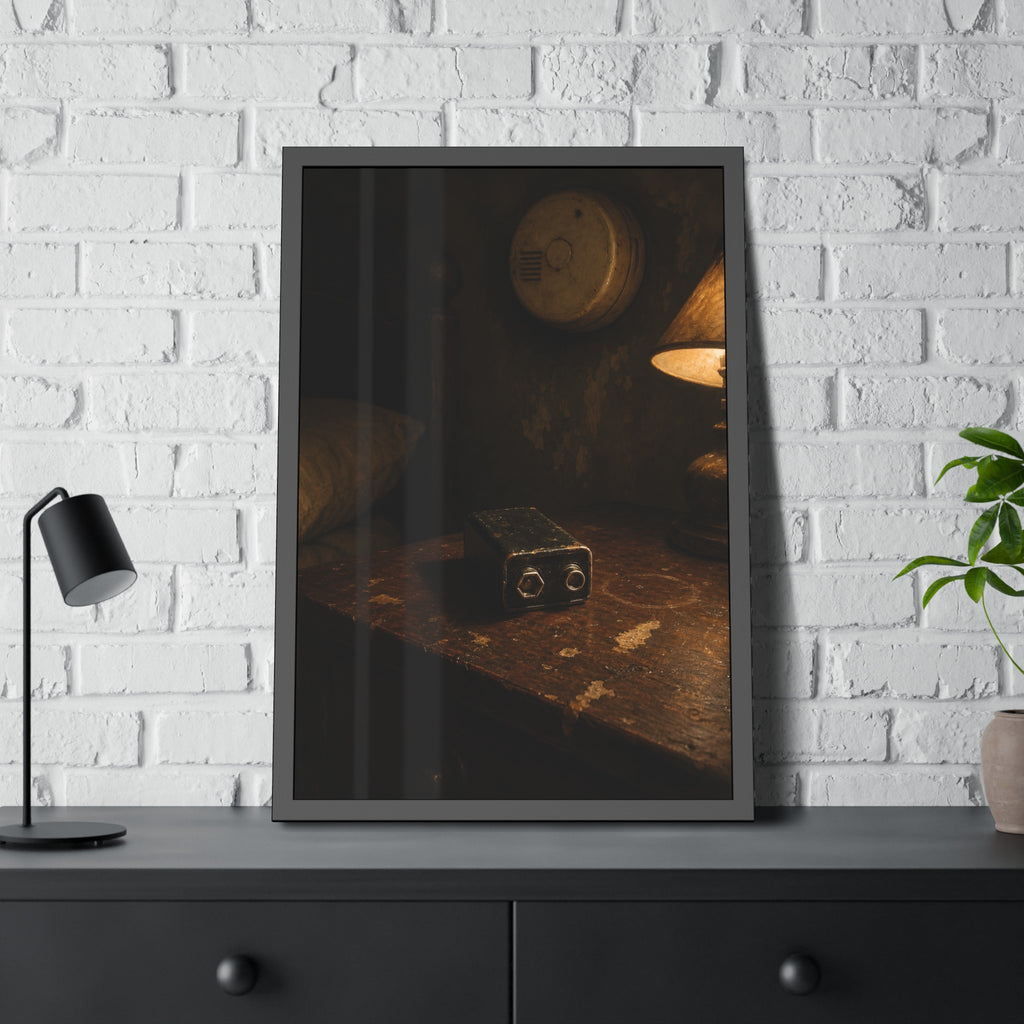 A nine volt battery on a nightstand below a wall smoke detector. The Battery Laid Below by Garabaggio, framed fine art print hanging in a room.