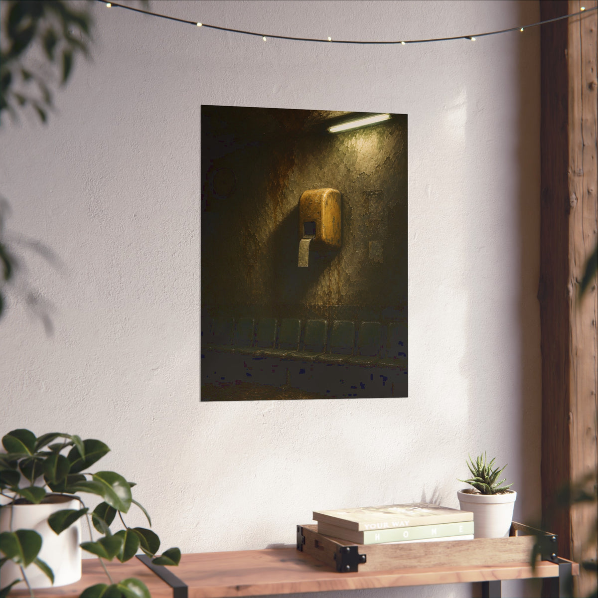 Yellow ticket dispenser on a stained wall above empty seats. Before the First Name by Garabaggio, fine art print hanging in a room.