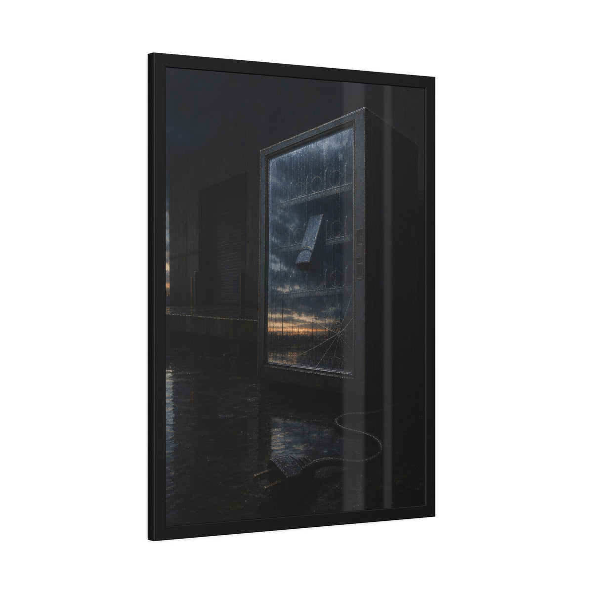 Empty vending machine with cracked glass reflecting dawn on a wet lot. Dawn in the Dead Glass by Garabaggio, framed fine art print hanging in a room.