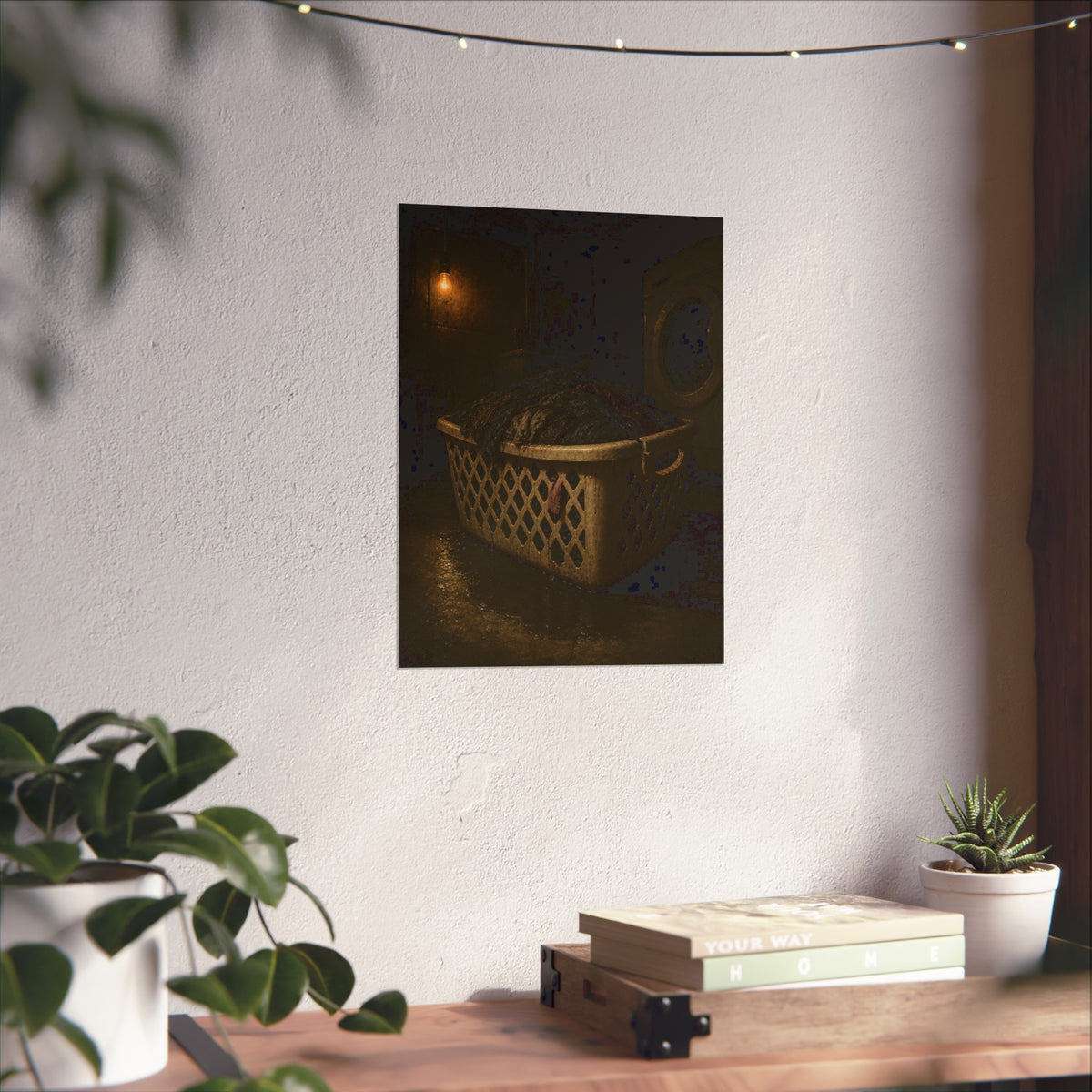 A laundry basket heaped with wet dark clothes under a bare bulb. The Burden of Wet Clothes by Garabaggio, fine art print hanging in a room.