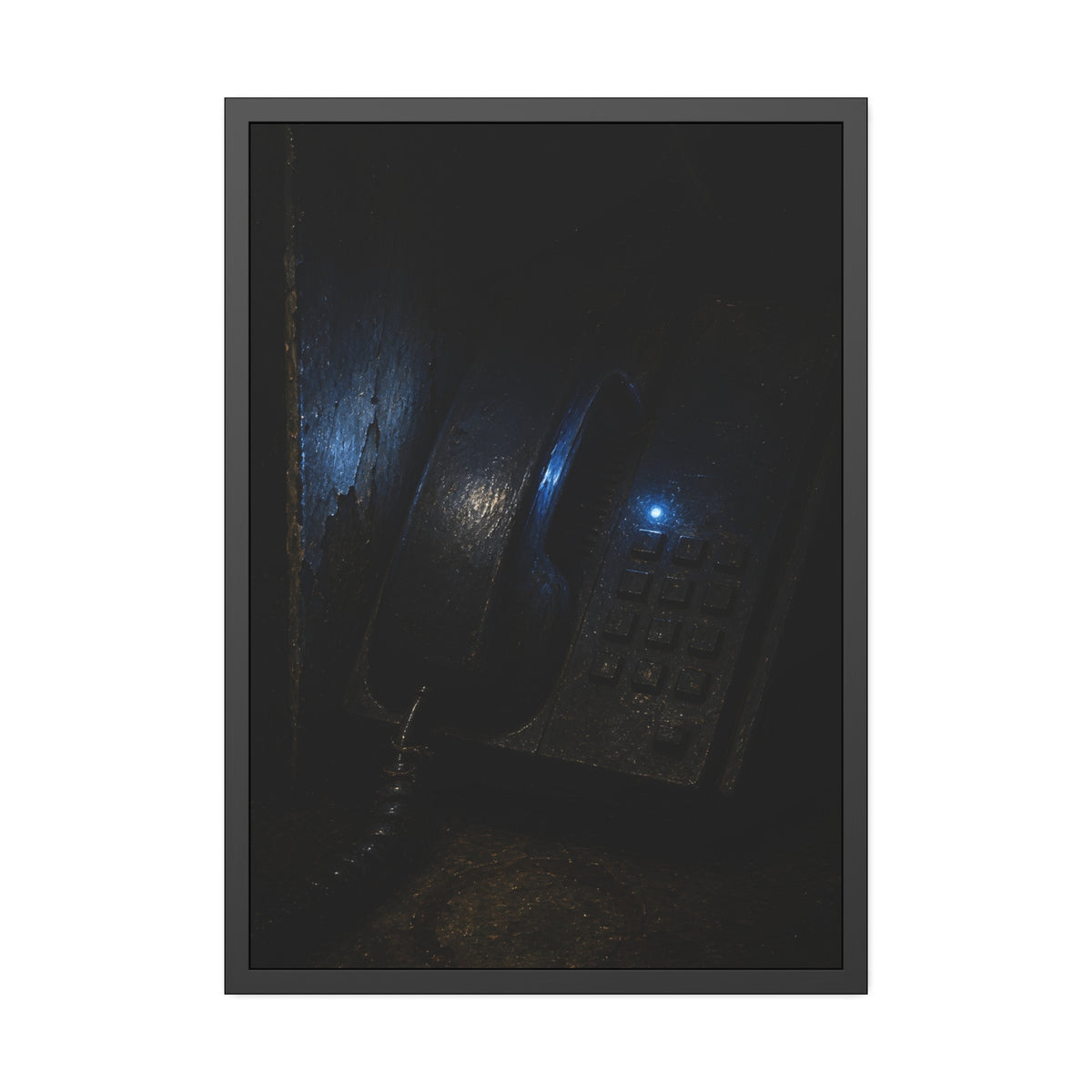 A grimy wall telephone in darkness with one small blue indicator light. The Night Queue by Garabaggio, framed fine art print, 28″ x 40″.