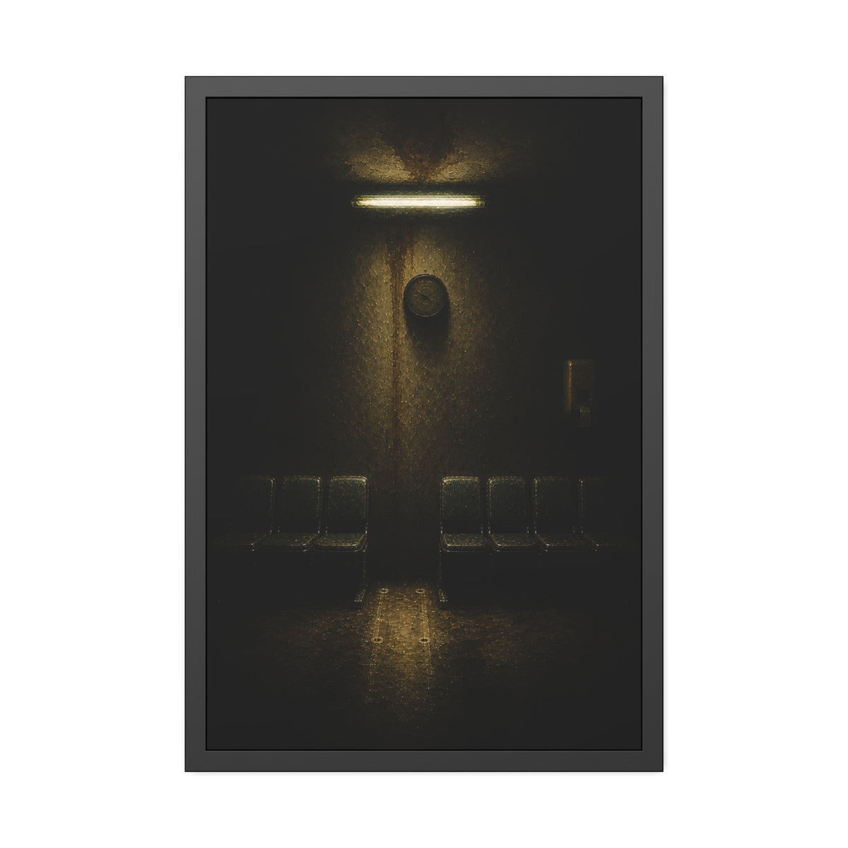 A gap in a row of waiting room chairs below a clock and one strip light. One Chair Removed by Garabaggio, framed fine art print, 24″ x 36″.