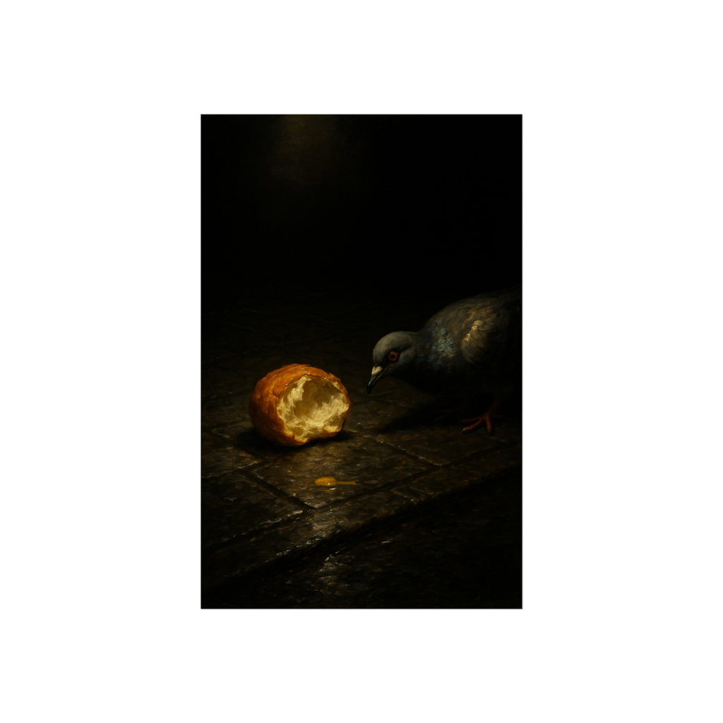 A pigeon leaning toward a torn bread roll on wet paving stones. The Offering of the Discarded Bun by Garabaggio, fine art print hanging in a room.