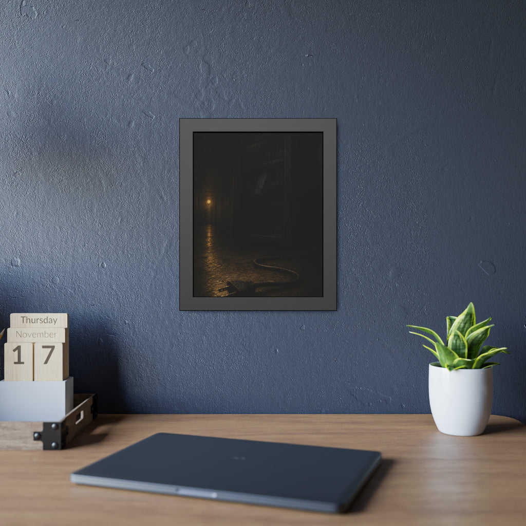 A dark vending machine with its unplugged cord lying on a wet corridor floor. The Unplugging by Garabaggio, framed fine art print hanging in a room.