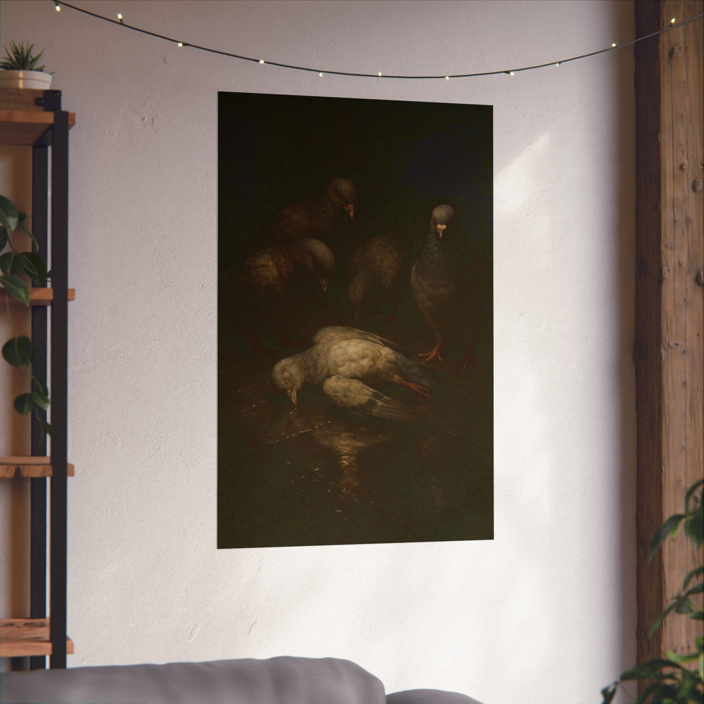 Four pigeons standing over a dead pigeon on wet pavement. The Lamentation by Garabaggio, fine art print hanging in a room.