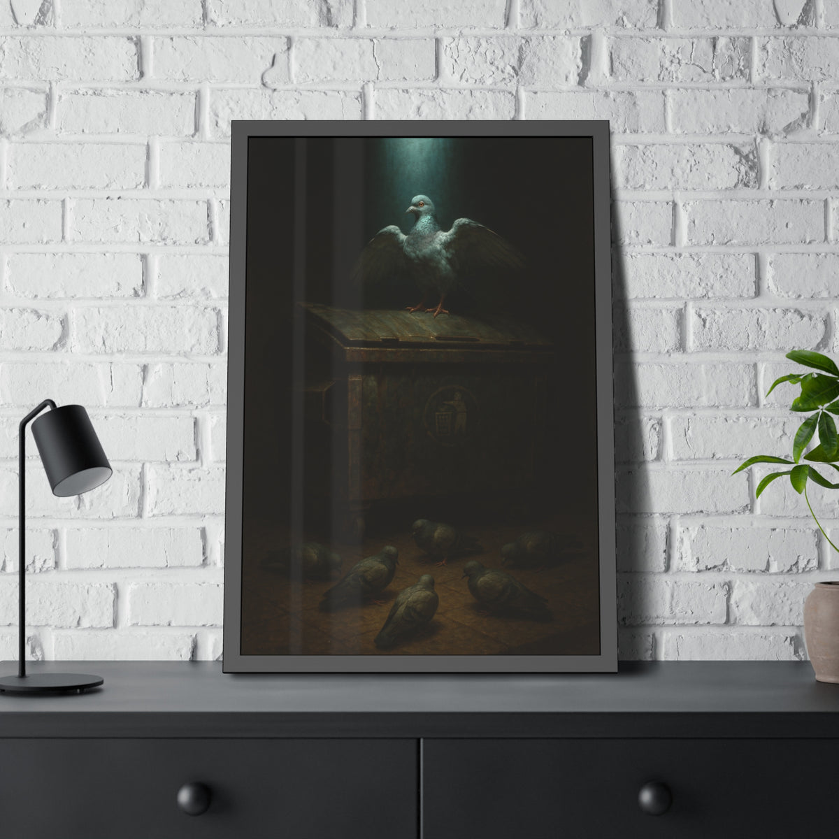 A pigeon with wings spread on a rusted dumpster lid. The Beatification of the Common Pigeon by Garabaggio, framed fine art print hanging in a room.