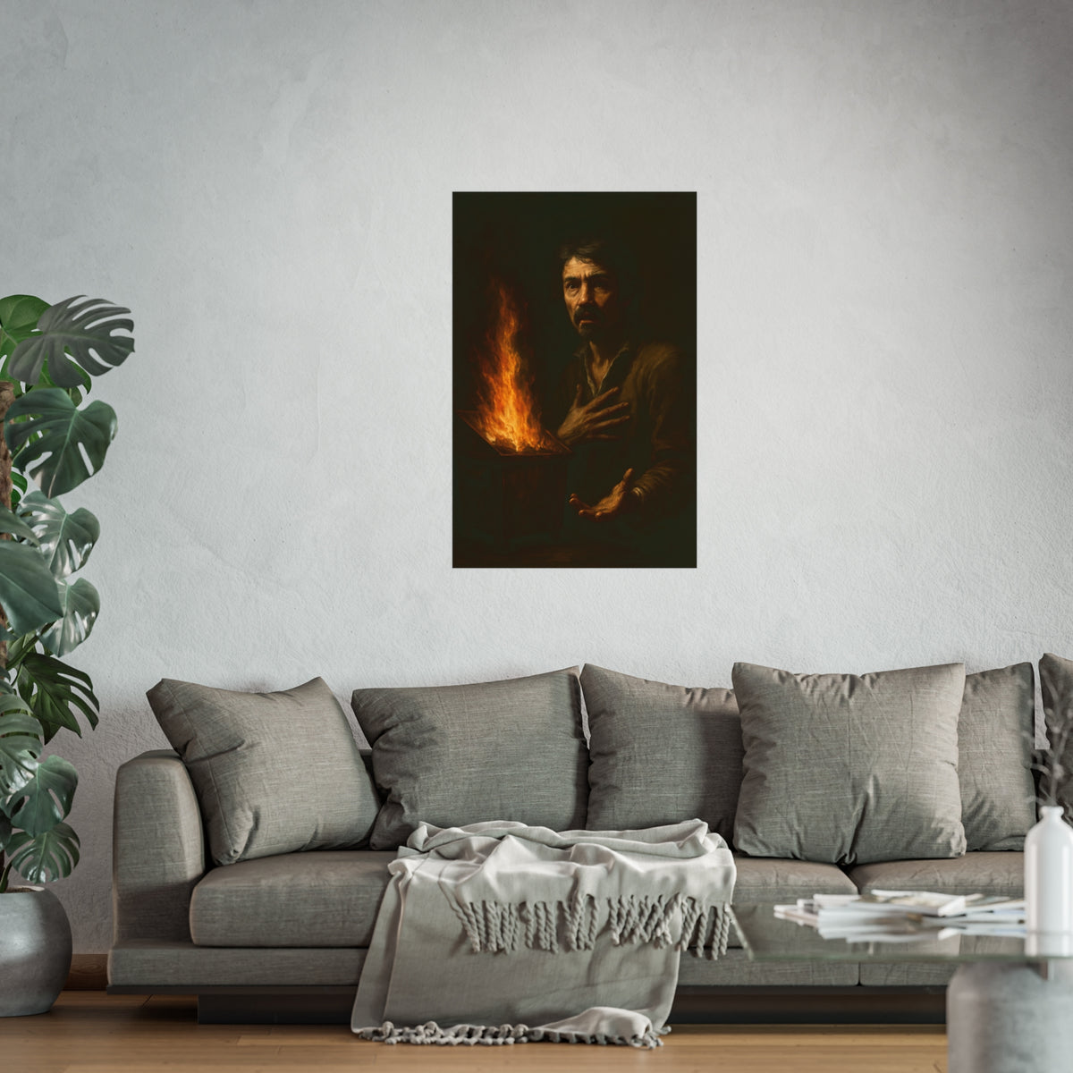 Man reaching an open palm toward a dumpster fire at his left. Self-Portrait as the Doubting Thomas by Garabaggio, fine art print hanging in a room.