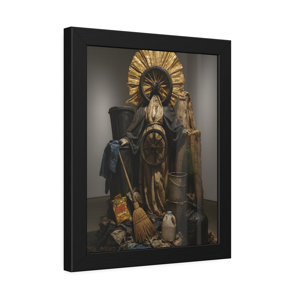 A draped figure with cart wheels above heaped trash. The Martyrdom of Saint Catherine of the Cartwheel by Garabaggio, framed fine art print hanging in a room.