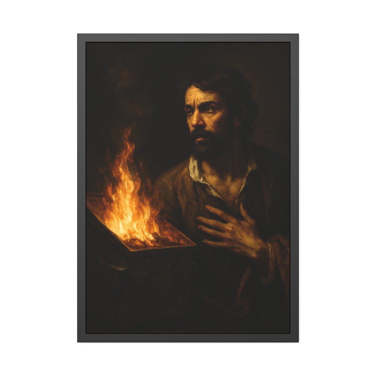 Man with a hand flat on his chest looking toward a low burning bin. Self-Portrait with Oath by Garabaggio, framed fine art print hanging in a room.