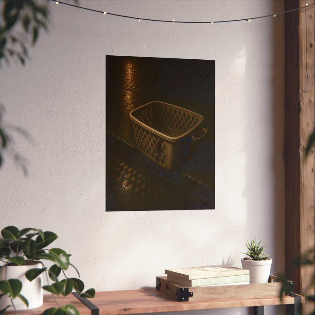 An empty plastic laundry basket on a wet curb under warm street light. The Emptying at the Curb by Garabaggio, fine art print hanging in a room.