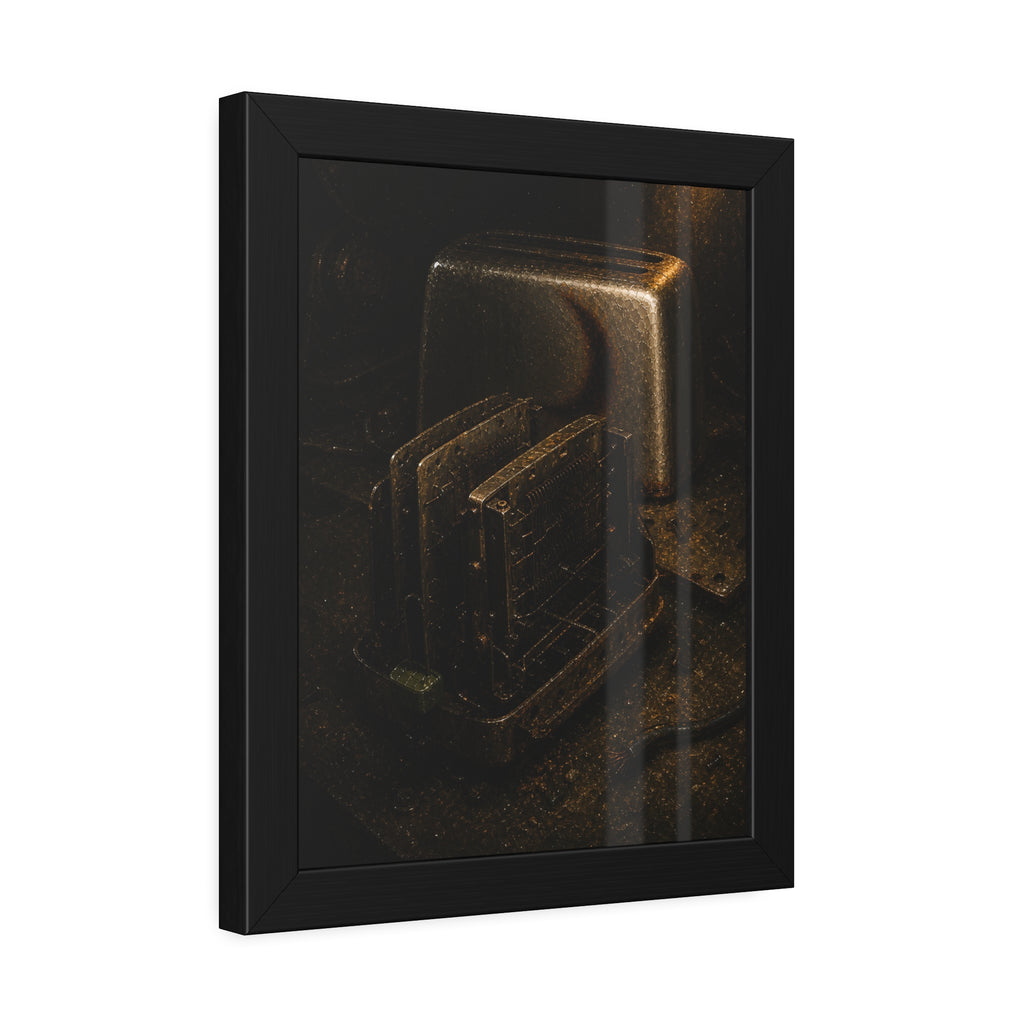 A toaster with its side panel opened to expose the heating elements. The Opening of the Shell by Garabaggio, framed fine art print hanging in a room.