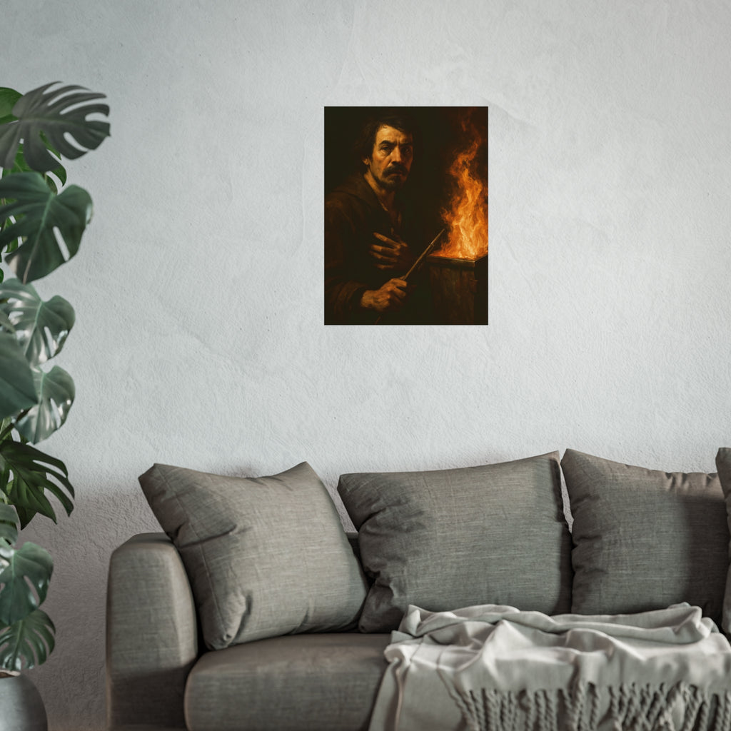 Man holding a long wooden stick, hand on chest, before a burning bin. Self-Portrait with Mahlstick by Garabaggio, fine art print hanging in a room.