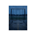 A swing set at dusk with two seats hanging straight. The Sixth Hour: The Seat Hanging Straight by Garabaggio, fine art print, 12″ x 16″.