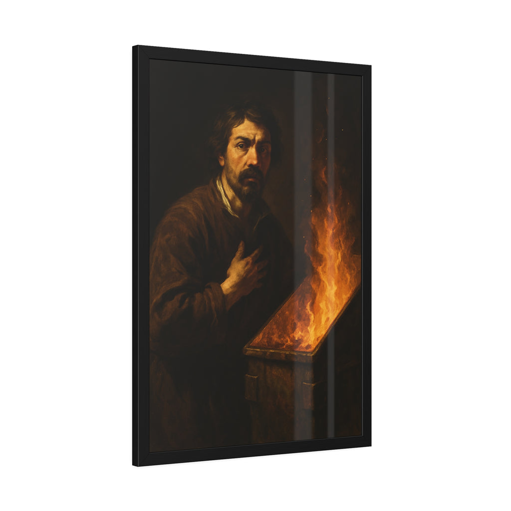 Man with a hand on his chest as flames run the length of a dumpster. Self-Portrait in the Final Hour by Garabaggio, framed fine art print hanging in a room.
