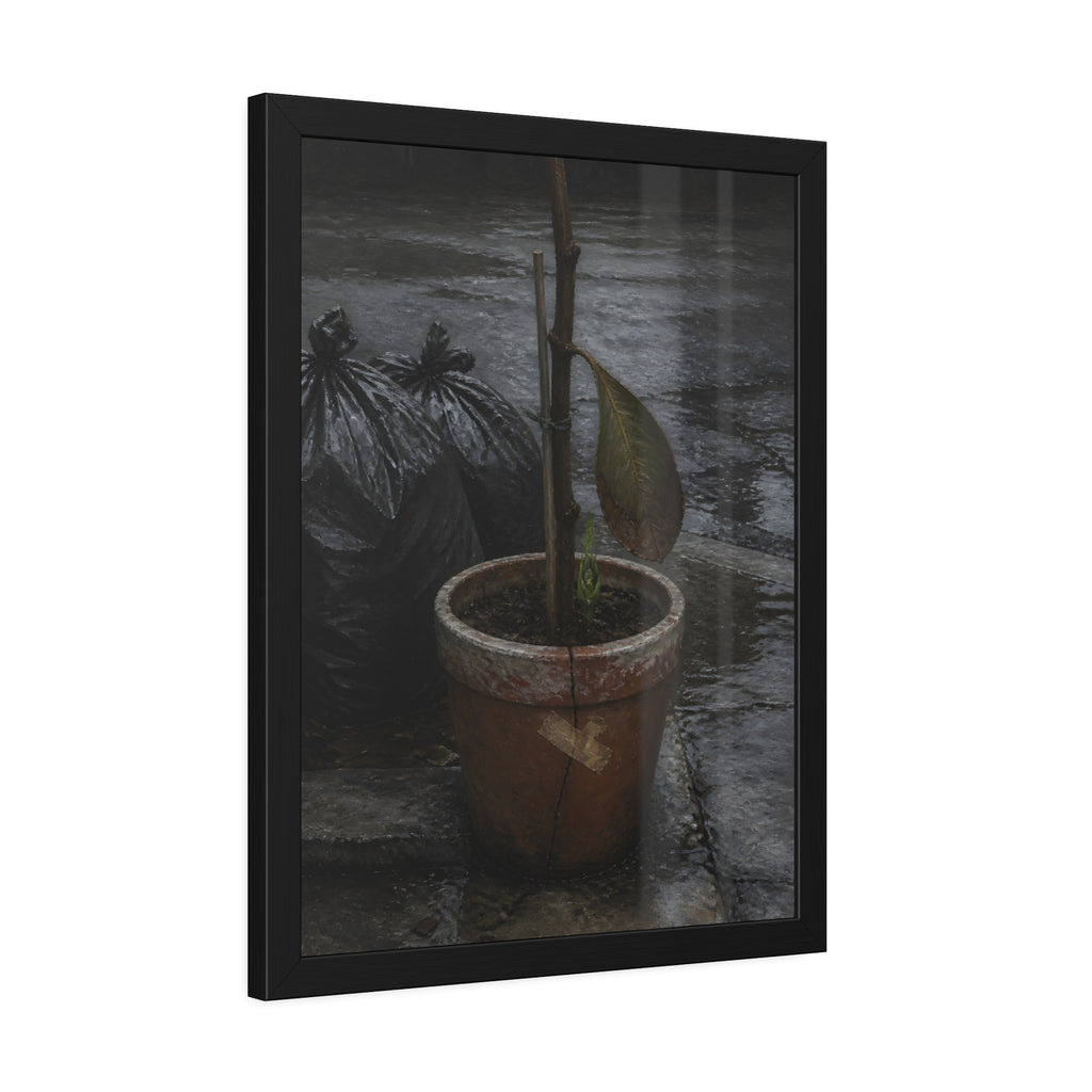A taped clay pot with one leaf and a green shoot on wet pavement. The Green at the Base by Garabaggio, framed fine art print hanging in a room.