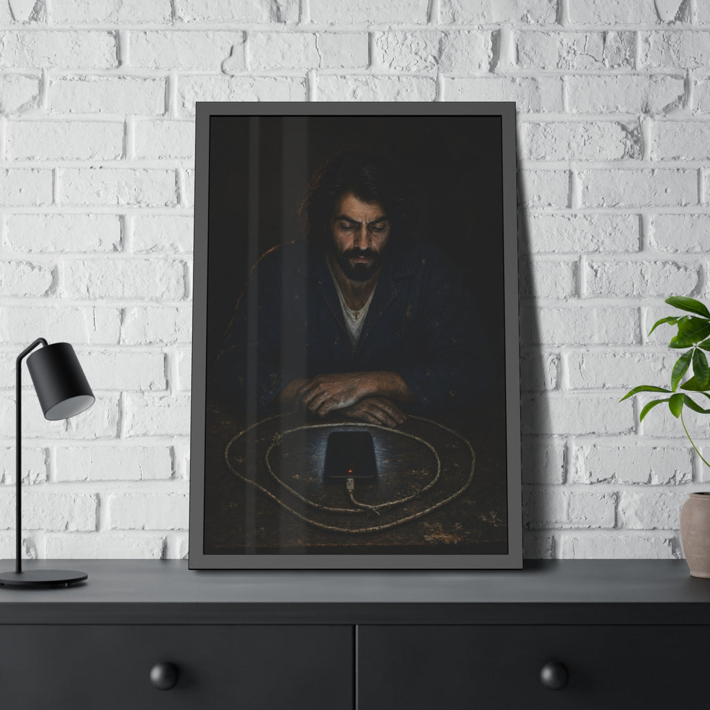 A bearded man at a table watching a phone charging inside a coiled cable. The Vigil of the Charging Cord by Garabaggio, framed fine art print hanging in a room.