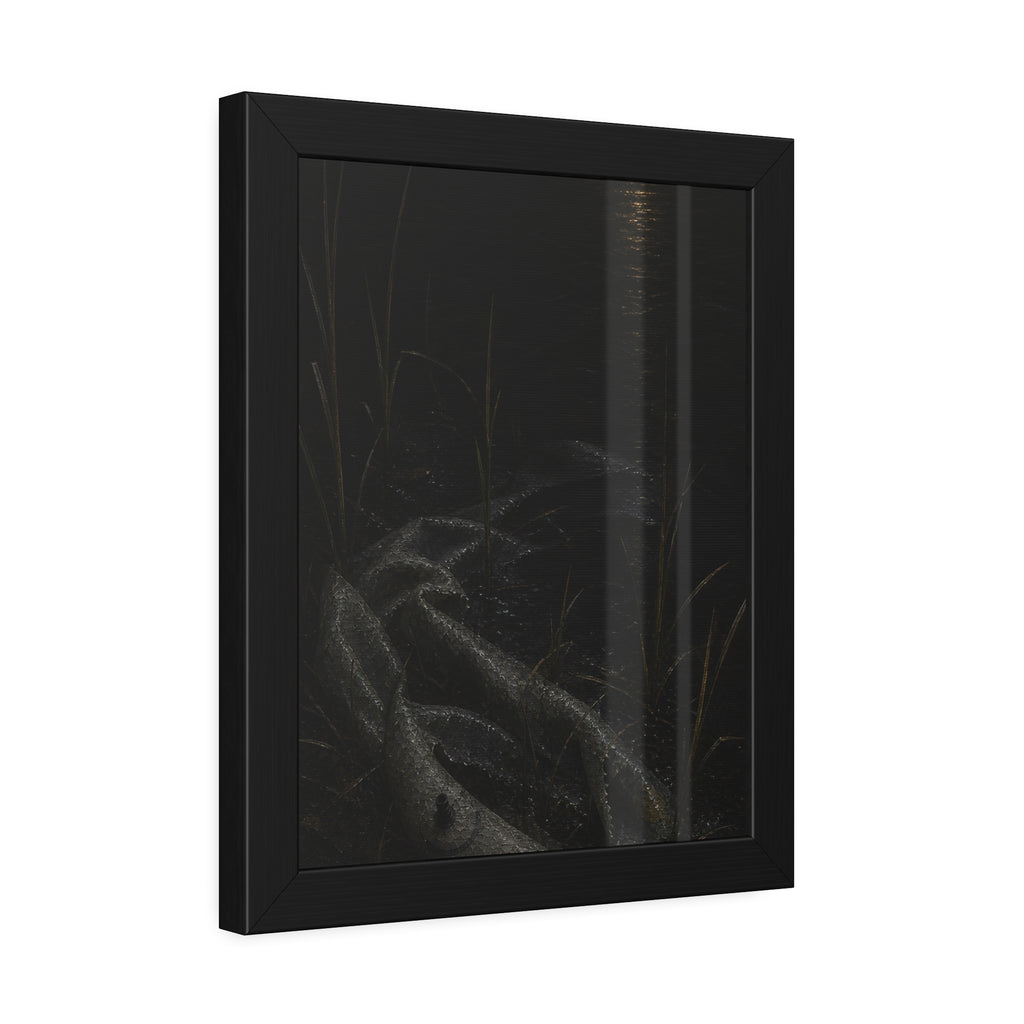 A deflated float slumped in lakeside reeds under a streak of moonlight. Spring Skin in the Reeds by Garabaggio, framed fine art print hanging in a room.